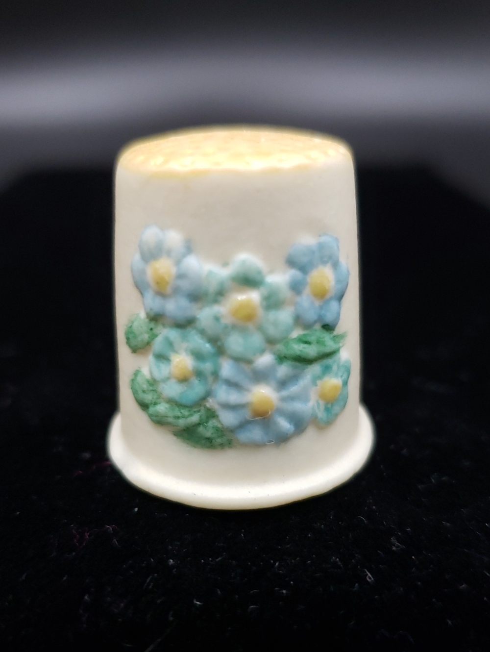 Bisque Floral Thimble in Cream with Blue Forget-Me-Not Relief Flowers